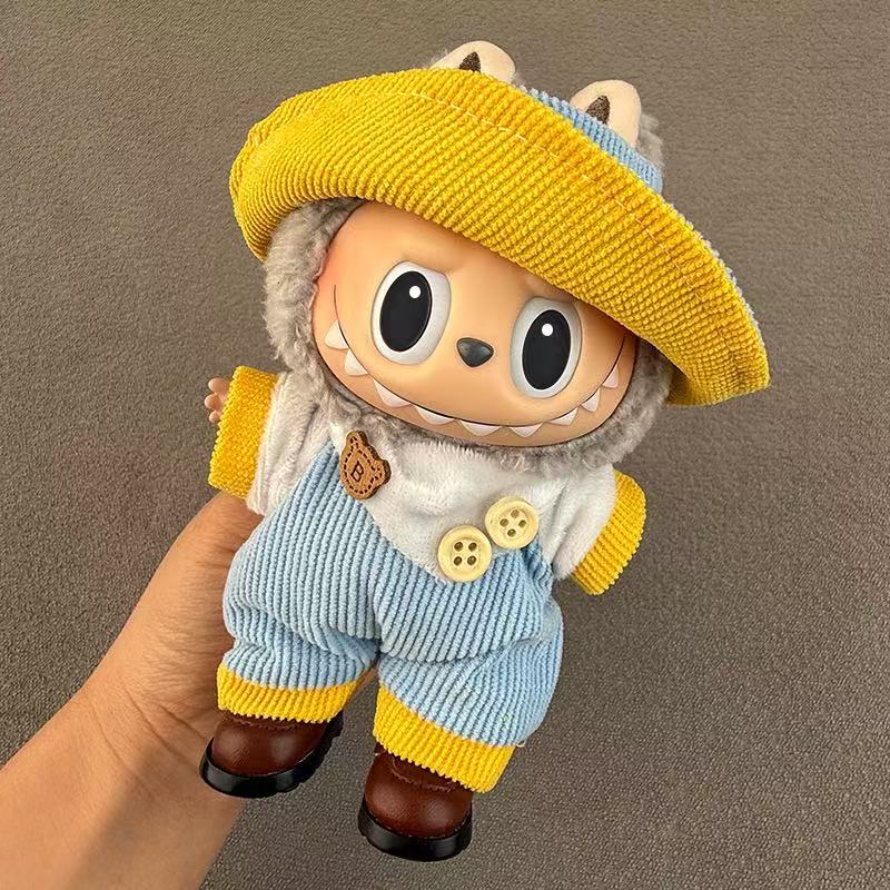 Labubu Corduroy Doll Outfit – Yellow Hat & Blue Overalls